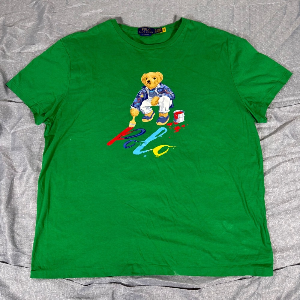 Polo Ralph Lauren T-Shirt Mens XL Green Painter Bear Classic Fit Graphic Tee